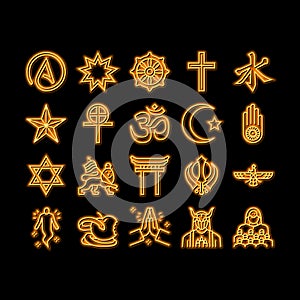 Religion, Prayer Cult And Atheism neon glow icon illustration