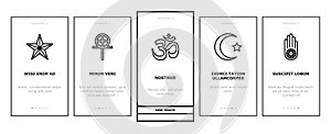 Religion, Prayer Cult And Atheism onboarding icons set vector