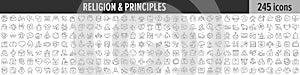 Religion and Principles linear icon collection. Big set of 245 Religion and Principles icons. Thin line icons collection. Vector