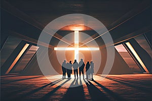 Religion religious crowd gathering around a large cross in church