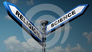 Religion - Science street signs - 3D rendering illustration