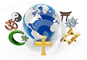 Religion symbols around earth  on white background. 3D illustration