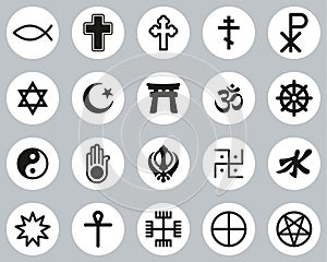 Religion Symbols Icons Black & White Flat Design Circle Set Big