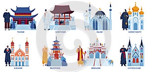 Religion temple church mosque vector illustration flat set, cartoon religious worship places architecture collection