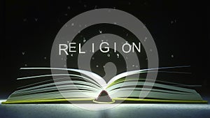 RELIGION text made of glowing letters vaporizing from open book. 3D animation