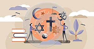 Religion vector illustration. Flat tiny symbolic element persons concept.