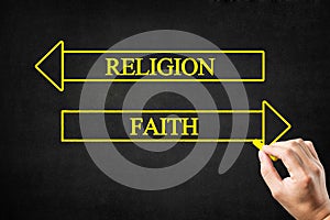 Religion vs Faith Opposite Arrows Concept.