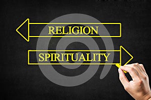 Religion vs Spirituality Opposite Arrows Concept.