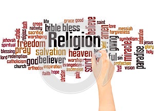 Religion word cloud hand writing concept