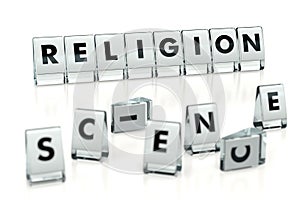 RELIGION word written on glossy blocks and fallen over blurry blocks with SCIENCE letters, isolated on white background. Religion