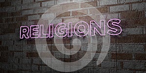 RELIGIONS - Glowing Neon Sign on stonework wall - 3D rendered royalty free stock illustration