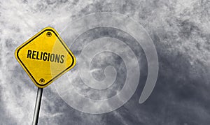 religions - yellow sign with cloudy background