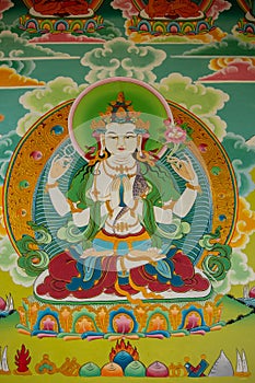 Religious Buddhist painting in the pagoda temple in Nepal