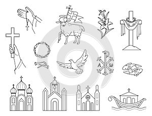 Religious Christian signs and symbols. Set icons crown of thorns, Church,  flying pigeon, fish and ship.