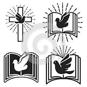 Religious community. Emblem template with dove and Holy Bible. Holy Spirit.
