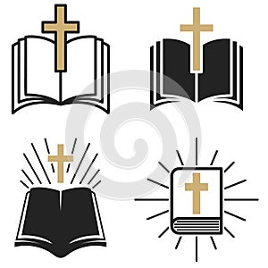 Religious community. Set of Emblem with Holy Bible and cross. Design element for poster, logo, badge, sign.