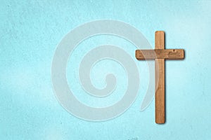 religious concept, Classic wood carved a cross on the blue background