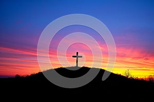 Religious cross on the background of a bright sunset. The concept of religion and faith. Christianity. Generative AI.