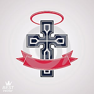 Religious cross emblem with nimbus and decorative ribbon, spirit