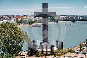 Religious cross over Budapest. Right next to the river this cross shows just how religious the people of Budapest