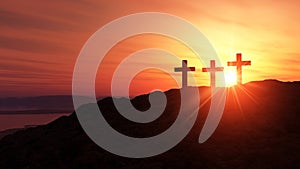 Religious crosses at sunset