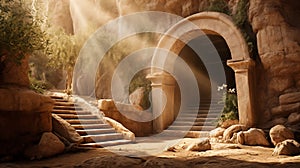 Religious Easter background, with strong light rays shining through the entrance into the empty stone tomb. Artistic strong