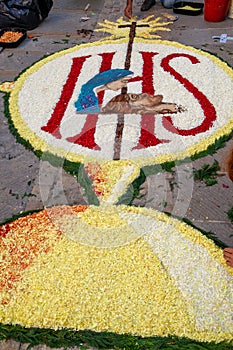 Religious festival of the corpus domini with infiorata artistic drawings with flowers