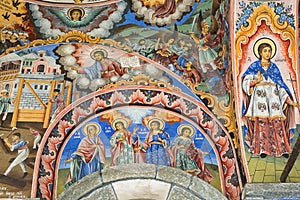 Religious frescoes representing St. Sophia and her sisters at the Rila Monastery, Bulgaria