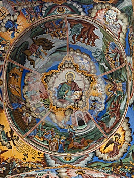Religious frescoes on the treatises from the Bible, painted on the church wall in Rila Monastery, Bulgaria