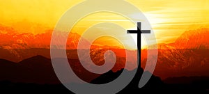 Religious grief landscape background banner panorama - Breathtaking view with black silhouette of mountains, hills, forest and photo
