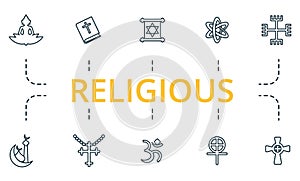 Religious icon set. Collection of simple elements such as the judaism, gnosticism, hinduism, atheism, buddhism, bible.
