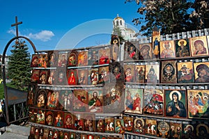 Religious Icons for sale at a flea market near Alexander Nevski Cathedral, Sofia, Bulgaria, Europe,