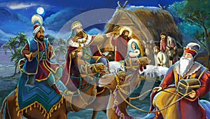 Religious illustration three kings - and holy family - traditional scene photo