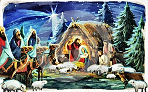 Religious illustration three kings - and holy family - traditional scene - illustration