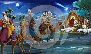 Religious illustration three kings - and holy family - traditional scene