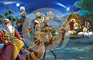 Religious illustration three kings - and holy family - traditional scene