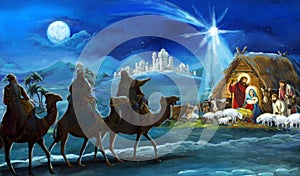 Religious illustration three kings - and holy family - traditional scene