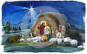 Religious illustration three kings - and holy family - traditional scene with sheep and donkey