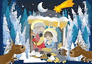 Religious illustration three kings - and holy family in winter scene - traditional scene