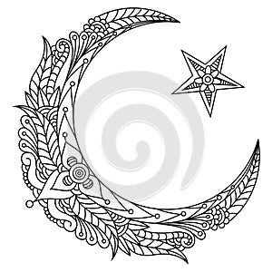 Religious islamic symbol of the star and the crescent with flower