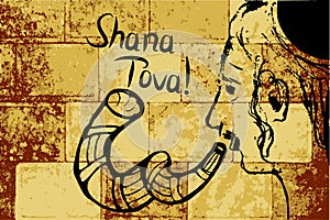 Religious Jew with a shofar. Hasid Rosh Hashanah. Sketch, doodle, hand draw. Lettering inscription Shana Tova in the