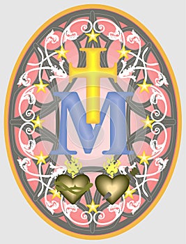 Miraculous medal of Our Lady, monogram M below the Cross, surrounded by stars and ornaments photo
