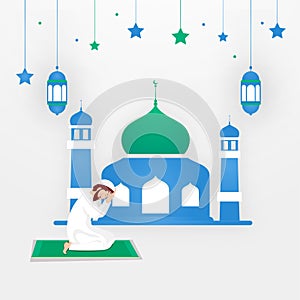 Religious Muslim man praying in front of mosque on white background for Eid Mubarak.