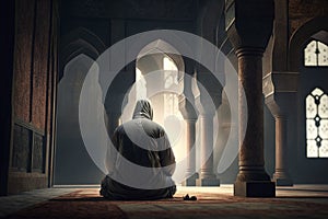Religious muslim praying in the mosque for the blessing of Allah. AI generated. Back view