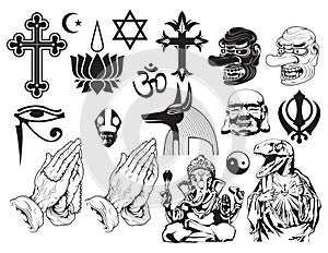 Religious newskool tattoo set. Set of labels and elements. Vector set illustration template tattoo.