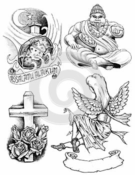 Religious newskool tattoo set. Set of labels and elements. Vector set illustration template tattoo.