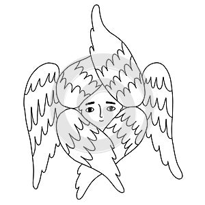 Religious outline symbol six winged Angel cherub and Seraph. Vector illustration. Line drawing. heavenly character For photo