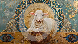 Religious painting in Arabesque art focus is a majestic lamb, Abraham kneels beside the ram, ready to fulfill Gods command.