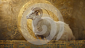 Religious painting in Arabesque art focus is a majestic ram, Abraham kneels beside the ram, ready to fulfill Gods command.