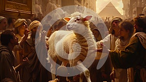 Religious painting, white lamb symbolizing the Passover sacrifice in the Jewish tradition. Israelites departure from Egypt.